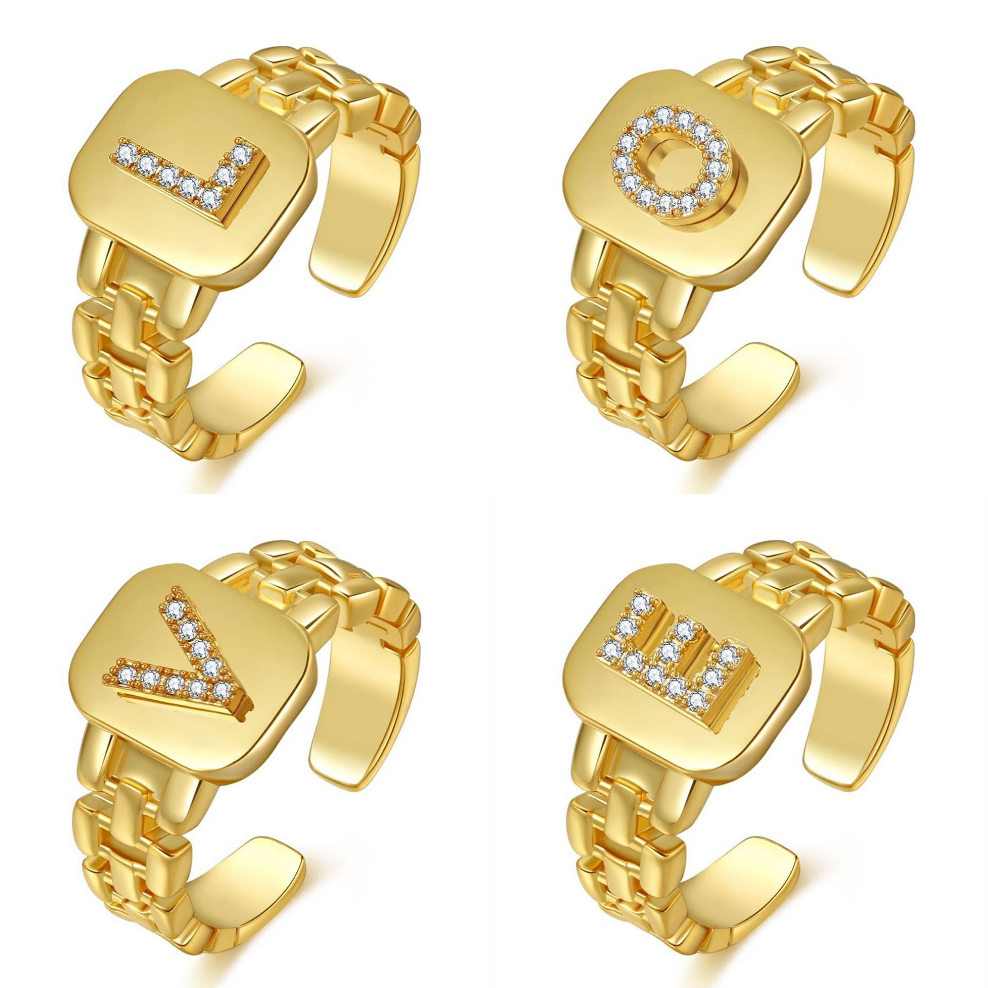Anillo de letras chapadas de oro de cobre al por mayor